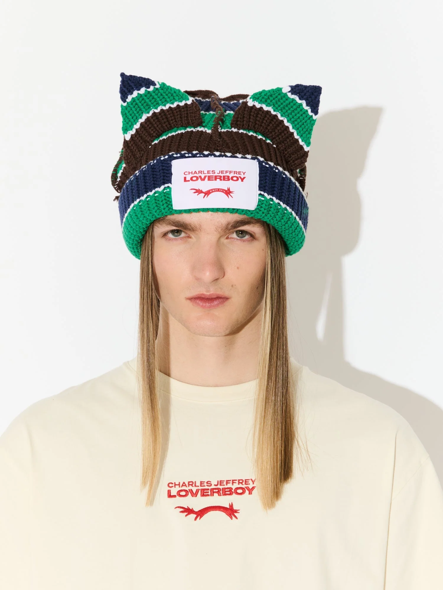LOVERBOY BY CHARLES JEFFREY CHUNKY EARS BEANIE in GREEN NAVY BROWN - Image 6