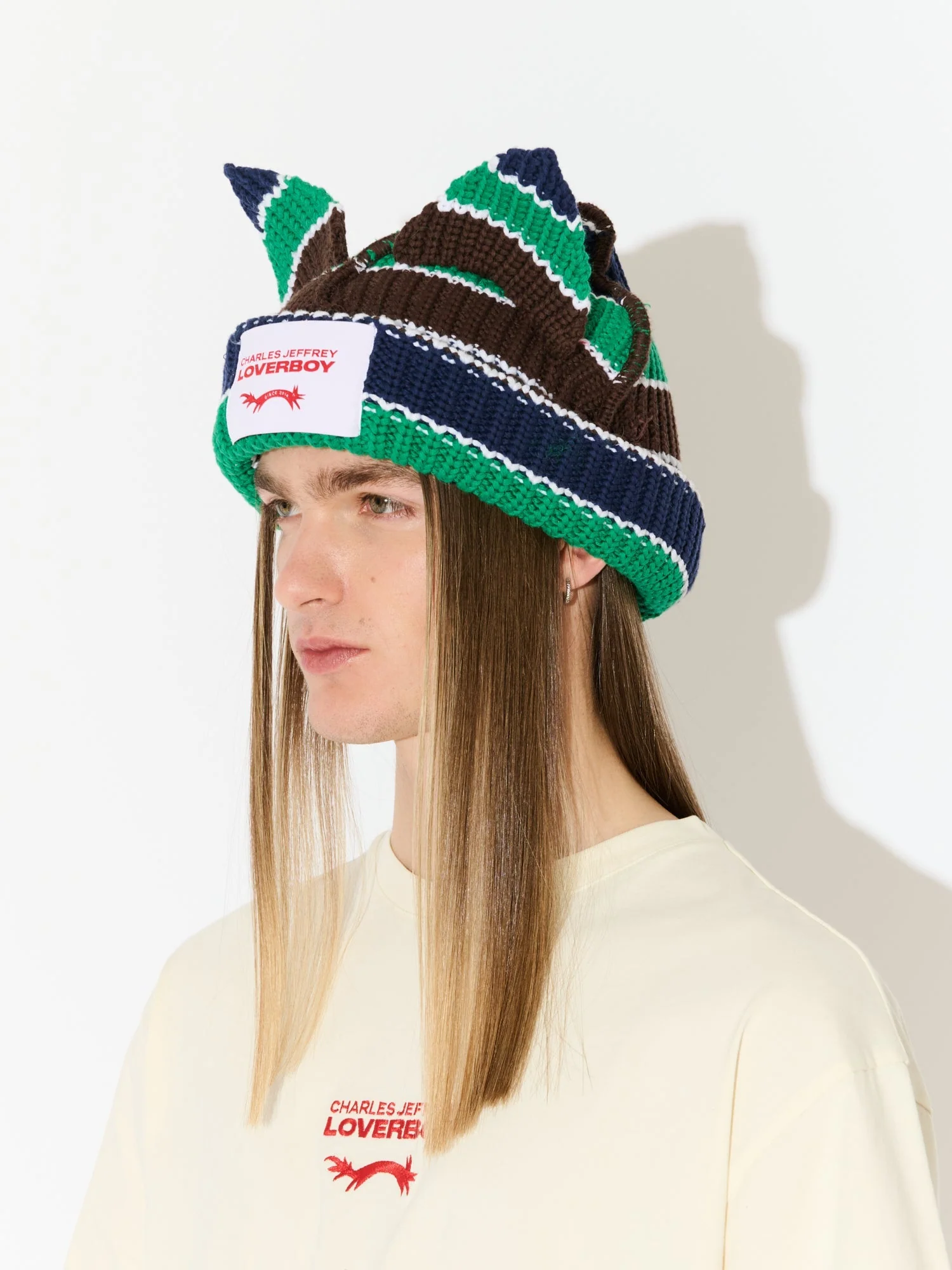 LOVERBOY BY CHARLES JEFFREY CHUNKY EARS BEANIE in GREEN NAVY BROWN - Image 7