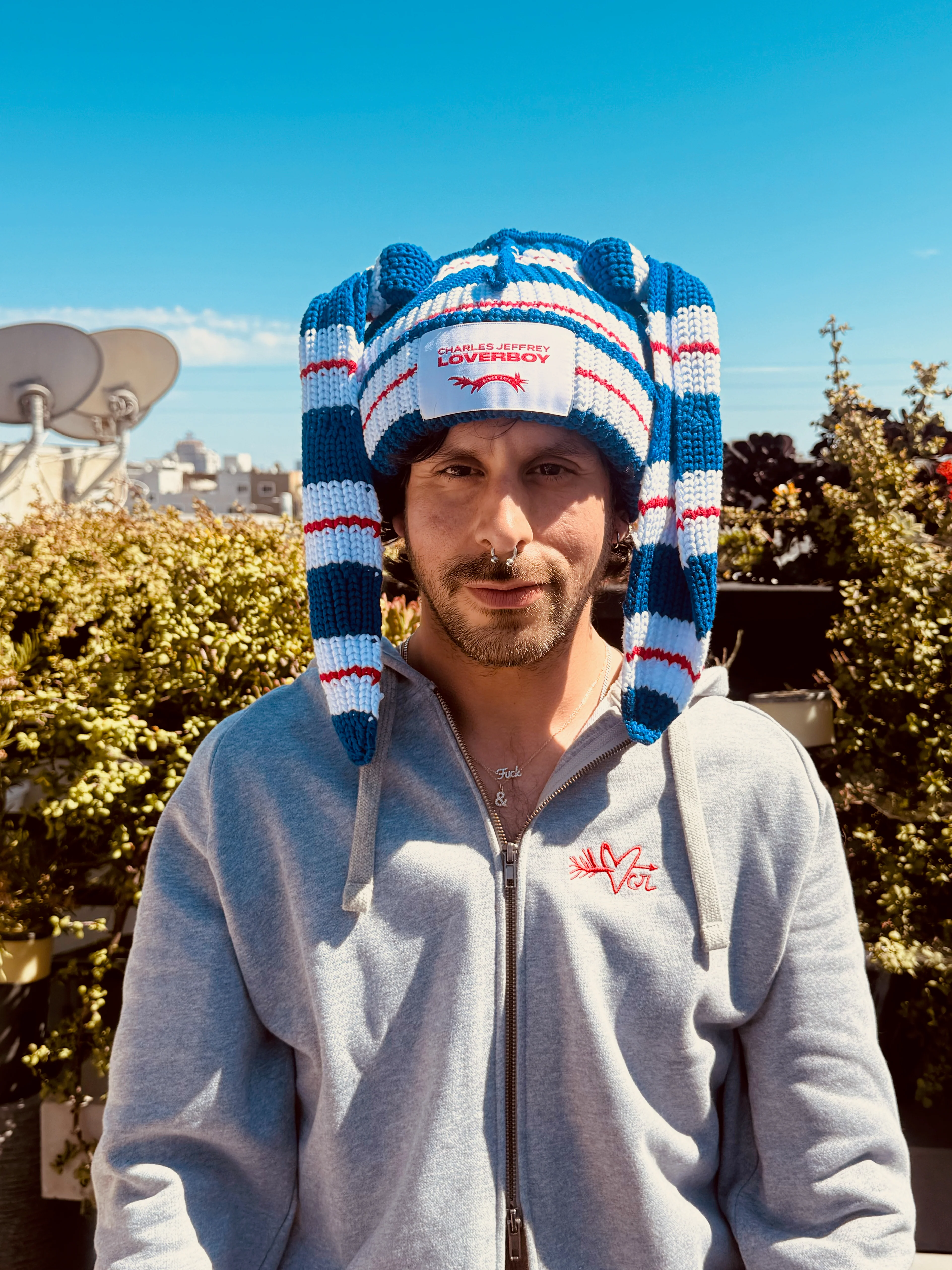 LOVERBOY BY CHARLES JEFFREY CHUNKY Rabbit BEANIE in Blue + Whitev+ Red - Image 2