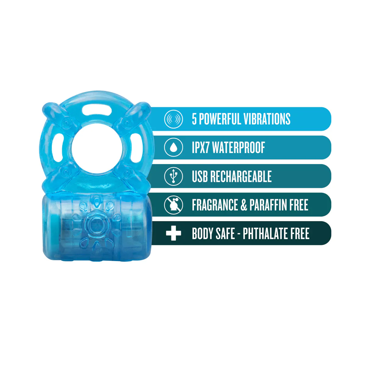 Stay Hard Blue 5-Function Rechargeable Vibrating Penis Ring - Image 3